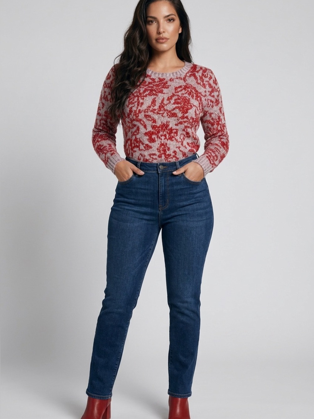 White House Black Market Red and White Off-Shoulder Knit Sweater